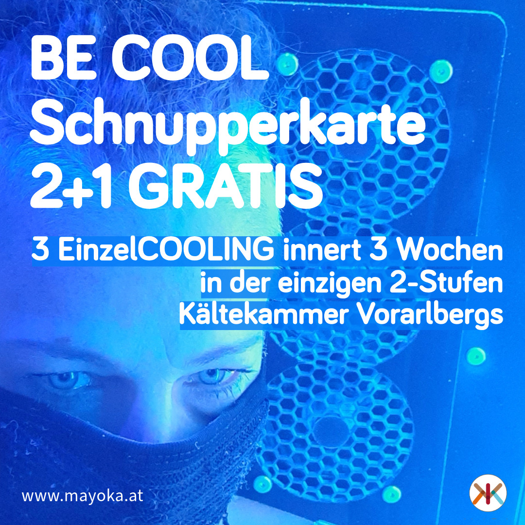 Frau in Kältekammer mit dem Hinweis auf eine Schnupperkarte 2+1 Gratis