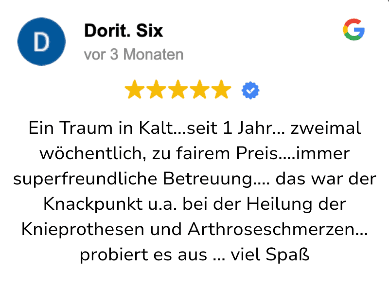 Kältekammer Testimonial Dorit Six | MAYOKA Dornbirn Kundentestimonial zur Ganzkörper-Kältetherapie bei MAYOKA Dornbirn mit 5-Sterne-Bewertung.