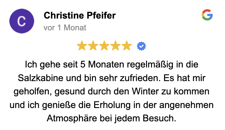 Salzkabine_Rezension_5Sterne Fünf-Sterne-Google-Rezension von Christine Pfeifer zur Salzkabine bei MAYOKA in Dornbirn
