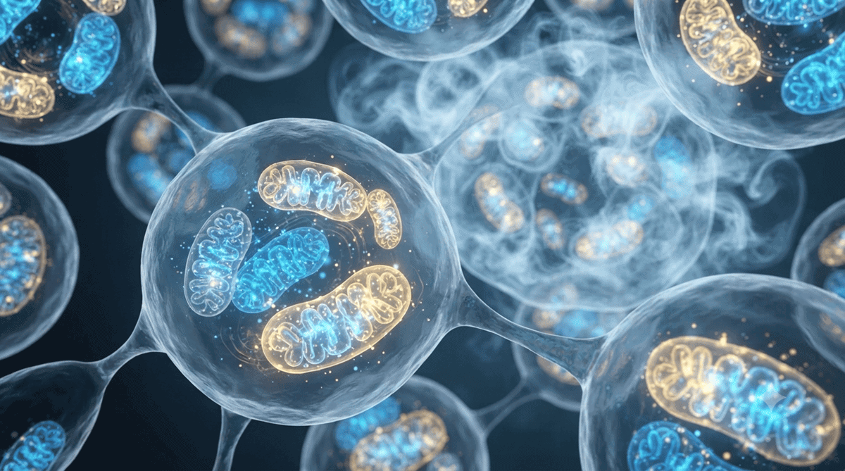 Wissenschaftliche 3D-Illustration menschlicher Zellen mit aktiven, Energie ausstrahlenden Mitochondrien, stimuliert durch Kältereize