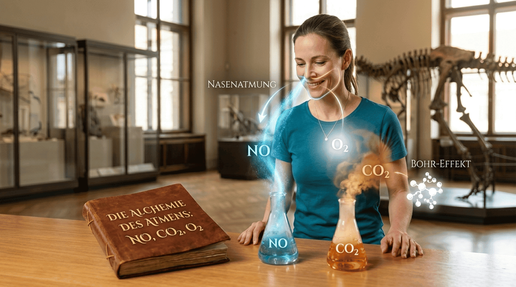 Frau demonstriert Nasenatmung mit alchemistischer Metapher für Stickstoffmonoxid (NO), Kohlendioxid (CO2) und den Bohr-Effekt.
