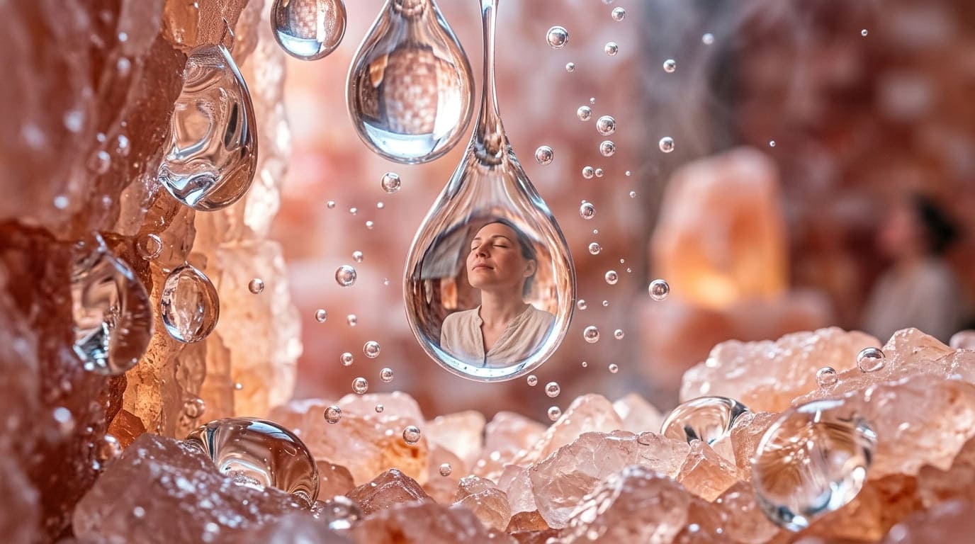 Makroaufnahme von leuchtenden Salzkristallen und Wassertropfen mit der Reflexion einer entspannten Frau bei der Sauerstoff-Sole-Inhalation