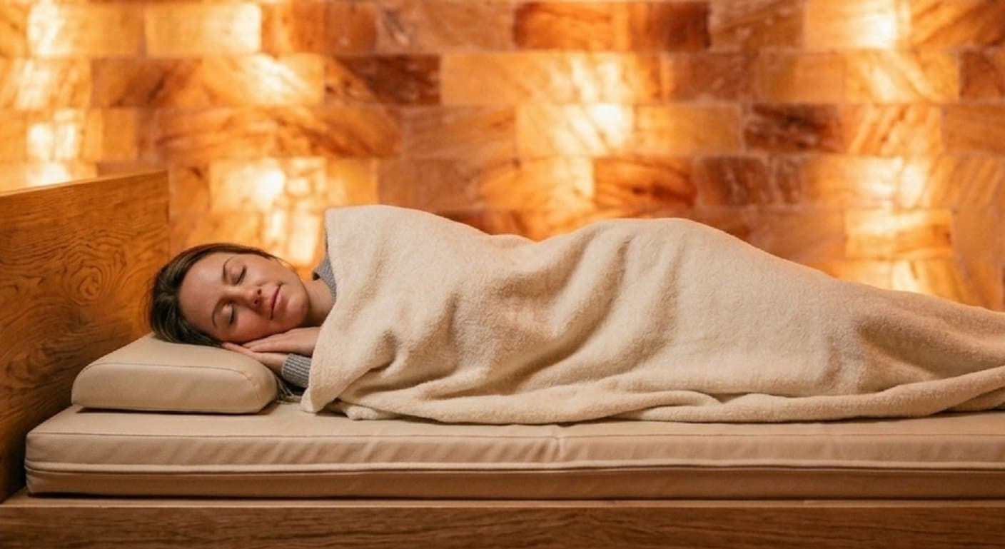 Eine Frau liegt tief entspannt und schlafend in einem Holzbett mit cremeweißer Decke vor einer warm leuchtenden Salzsteinwand
